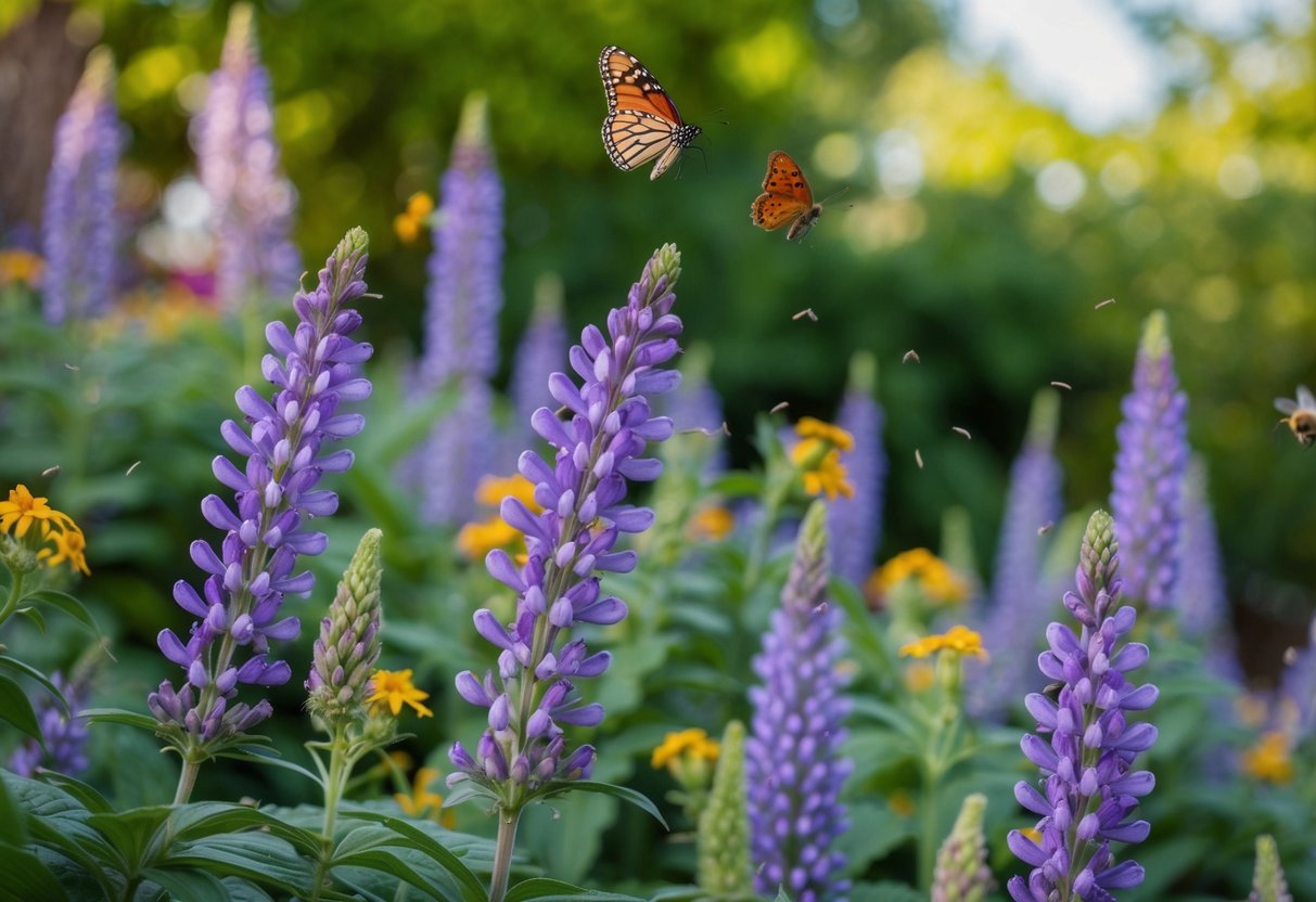 Lobelia flowers scatter seeds in a lush garden, attracting bees and butterflies