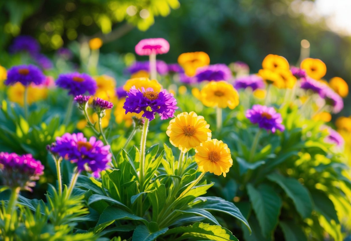 Vibrant half-hardy annual flowers bloom in a garden, surrounded by lush green foliage and basking in the warm sunlight