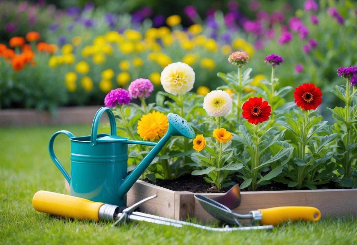 A garden bed with colorful half-hardy annual flowers, surrounded by gardening tools and a watering can