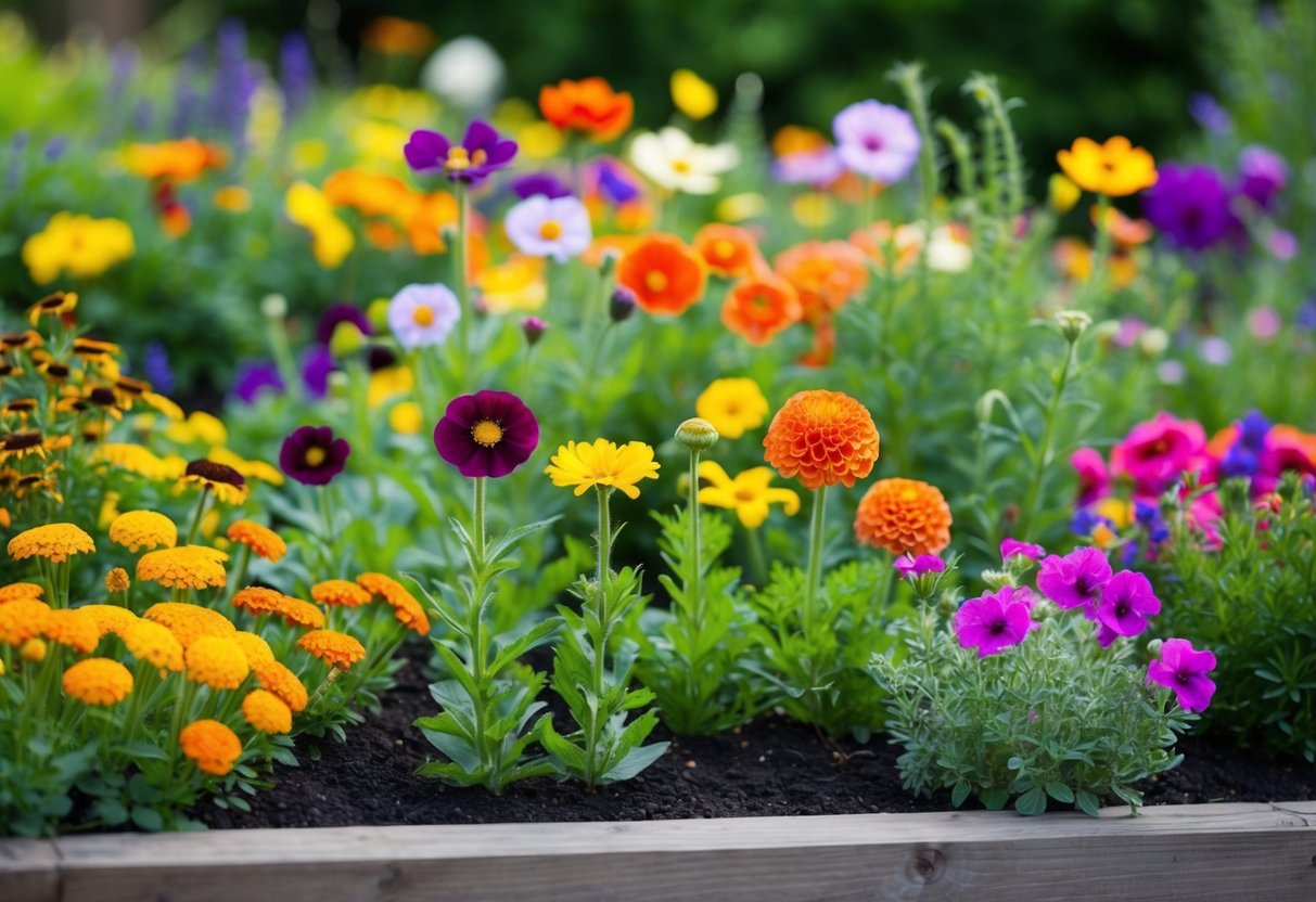 A vibrant garden bed filled with colorful half-hardy annual flowers in full bloom, showcasing a variety of shapes, sizes, and textures