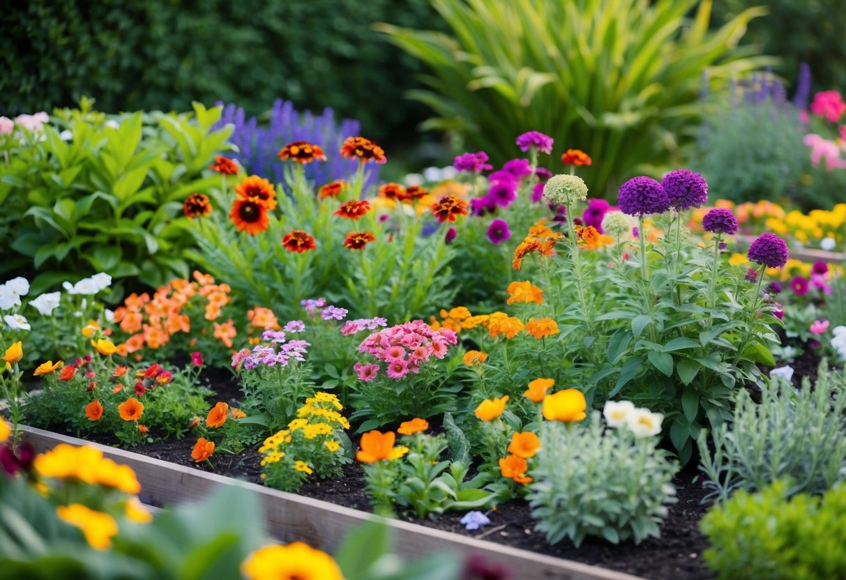 A colorful garden bed bursting with blooming half-hardy annual flowers in various shapes and sizes, surrounded by lush green foliage