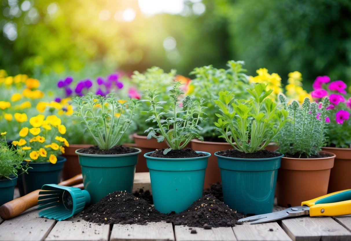 A colorful array of half-hardy annuals in various stages of growth, surrounded by gardening tools and pots of soil