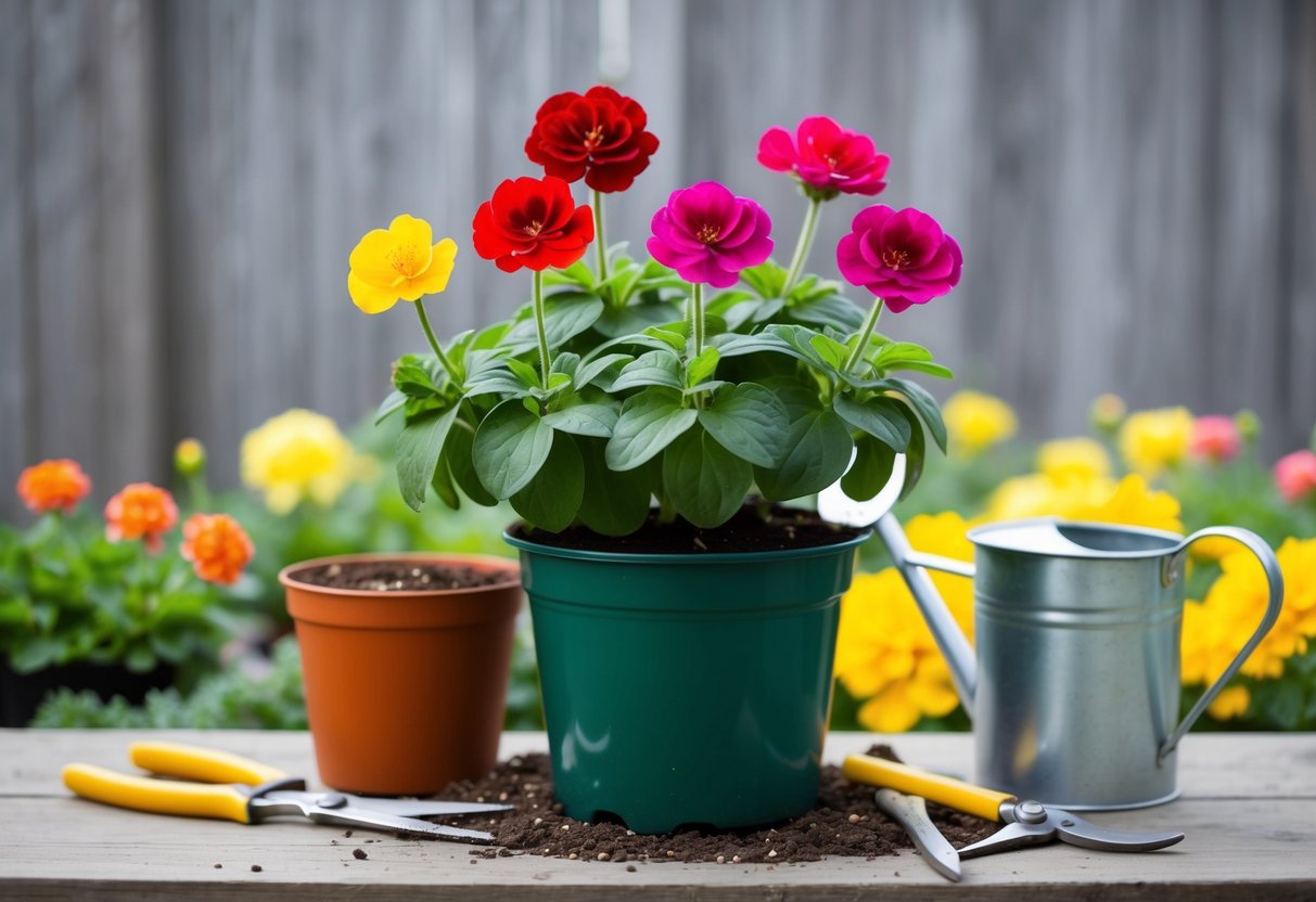 A vibrant geranium plant with multiple blooms in various stages of opening, surrounded by a potting mix, pruning shears, and a watering can