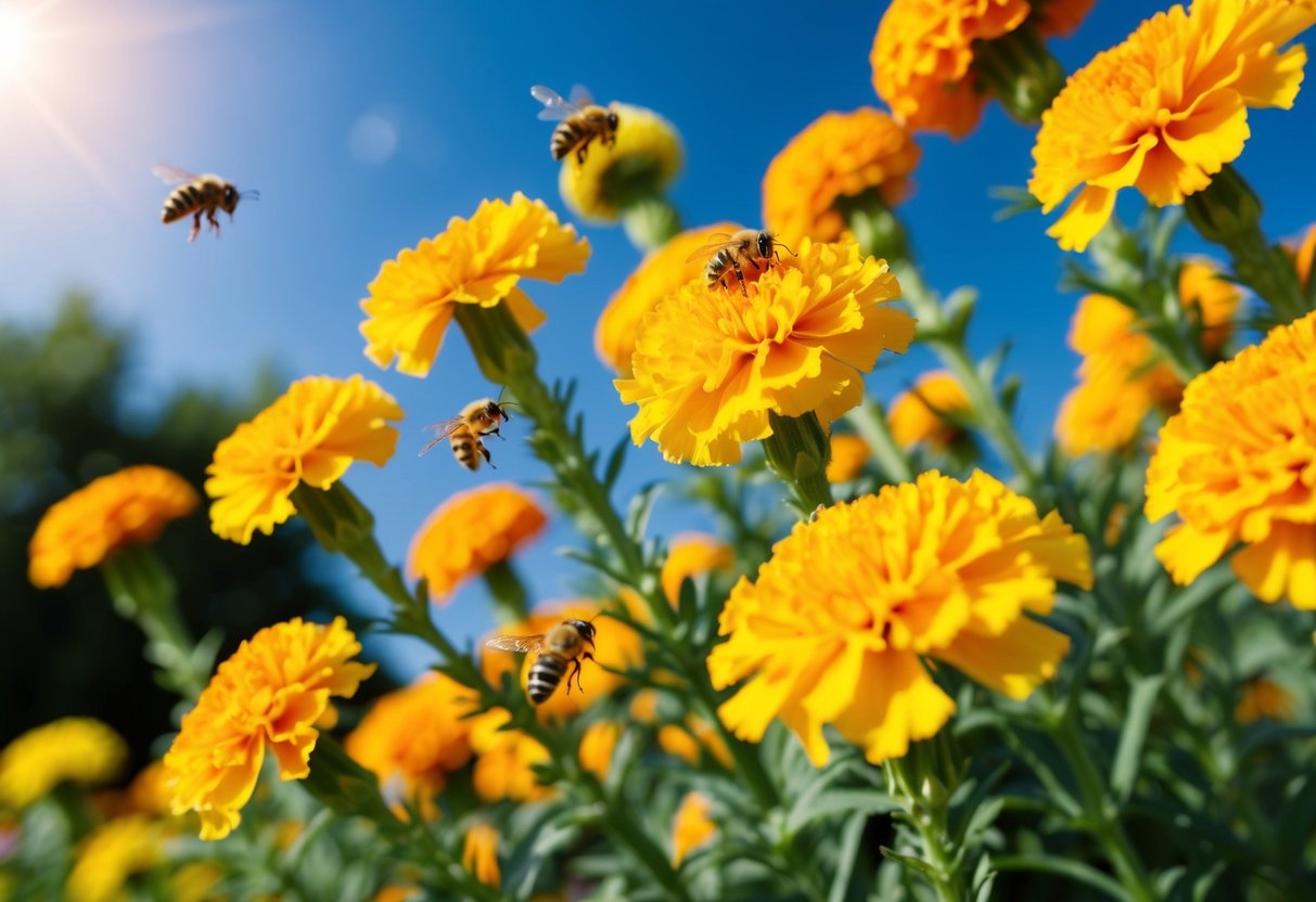 Vibrant marigolds bloom in a sun-drenched garden, their golden petals reaching towards the sky. Bees buzz around the cheerful flowers, drawn to their sweet nectar