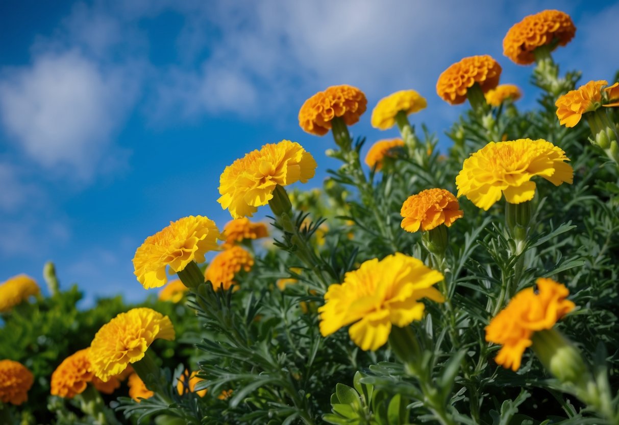 Vibrant marigolds bloom in a sun-drenched garden, surrounded by lush green foliage. The bright yellow and orange petals stand out against the blue sky