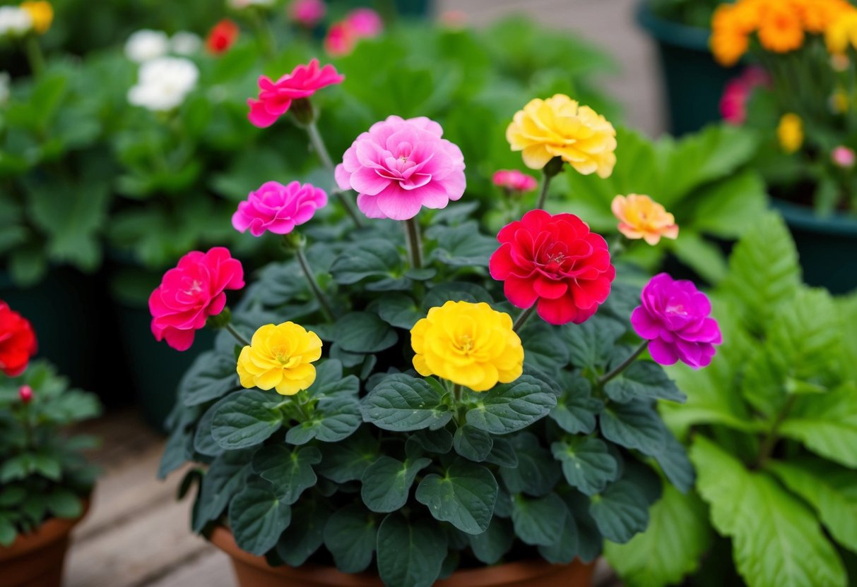 A vibrant geranium plant with multiple colorful blooms in full bloom, surrounded by lush green foliage