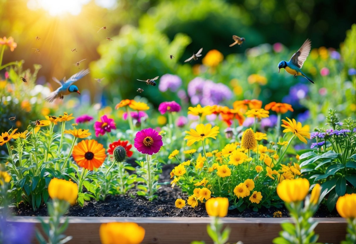 A vibrant garden bed filled with sun-loving annual flowers in full bloom, surrounded by a diverse ecosystem of insects and birds