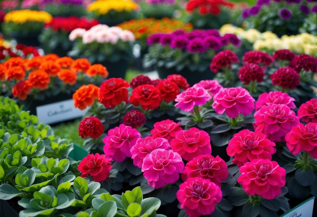 Vibrant geraniums in various stages of blooming, surrounded by lush green foliage and arranged in innovative displays