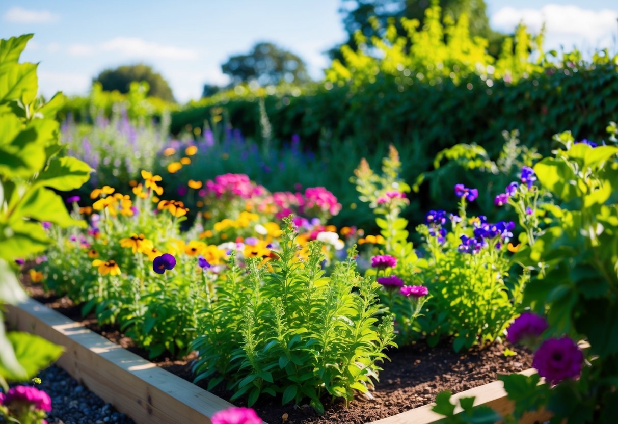 A vibrant garden bed filled with blooming annual flowers basking in the warm sunlight, surrounded by lush green foliage and clear blue skies