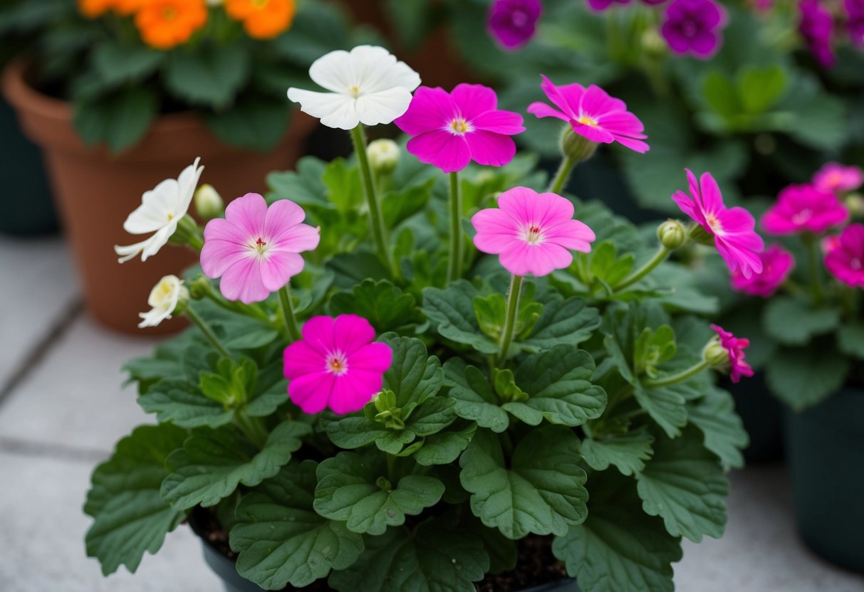 A blooming geranium plant with multiple flowers in various stages of growth, surrounded by healthy green leaves and positioned in a well-lit and well-watered environment