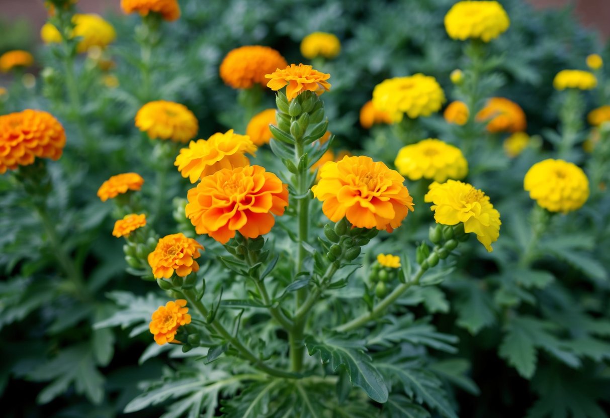 A vibrant marigold plant in full bloom stands against a backdrop of lush green foliage, with bright orange and yellow flowers in various stages of growth