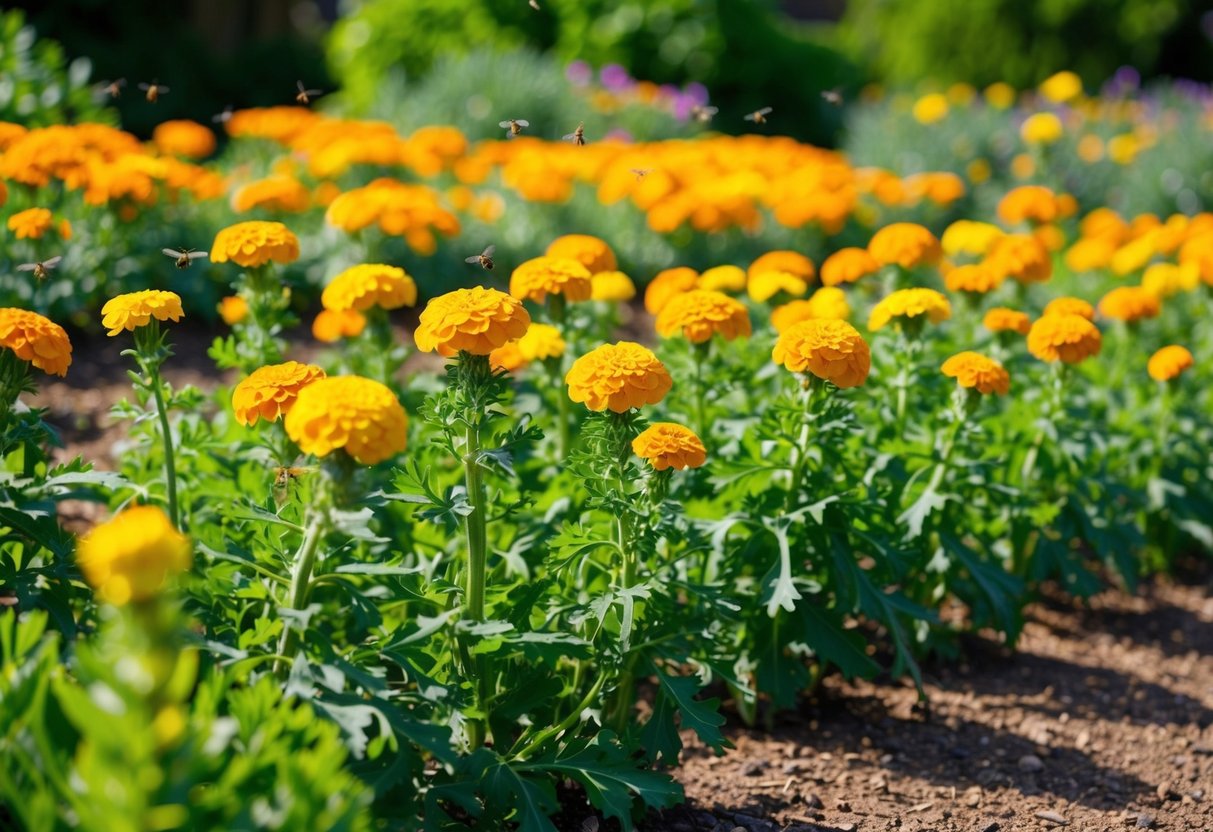 A sunny garden with rows of marigold plants in various stages of bloom, surrounded by green foliage and small insects buzzing around