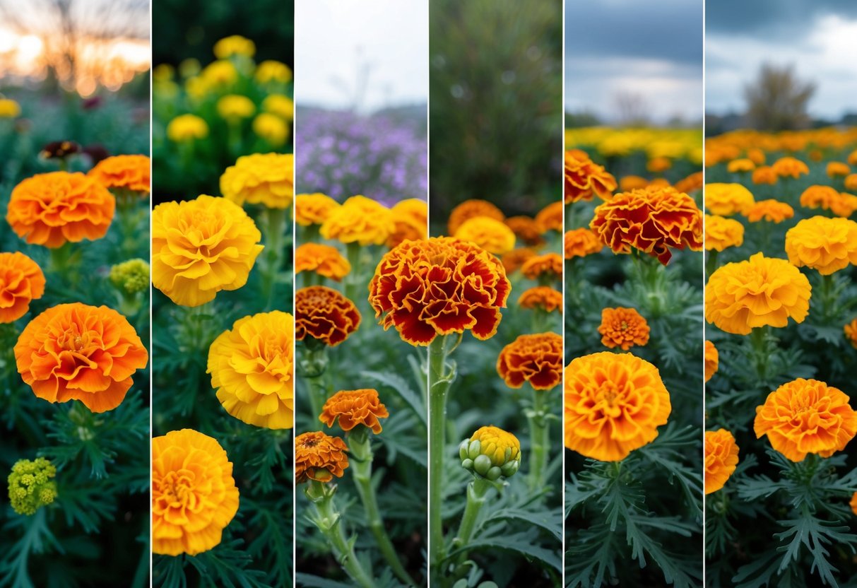 Vibrant marigolds in various stages of bloom, set against a backdrop of changing seasons with different weather and foliage