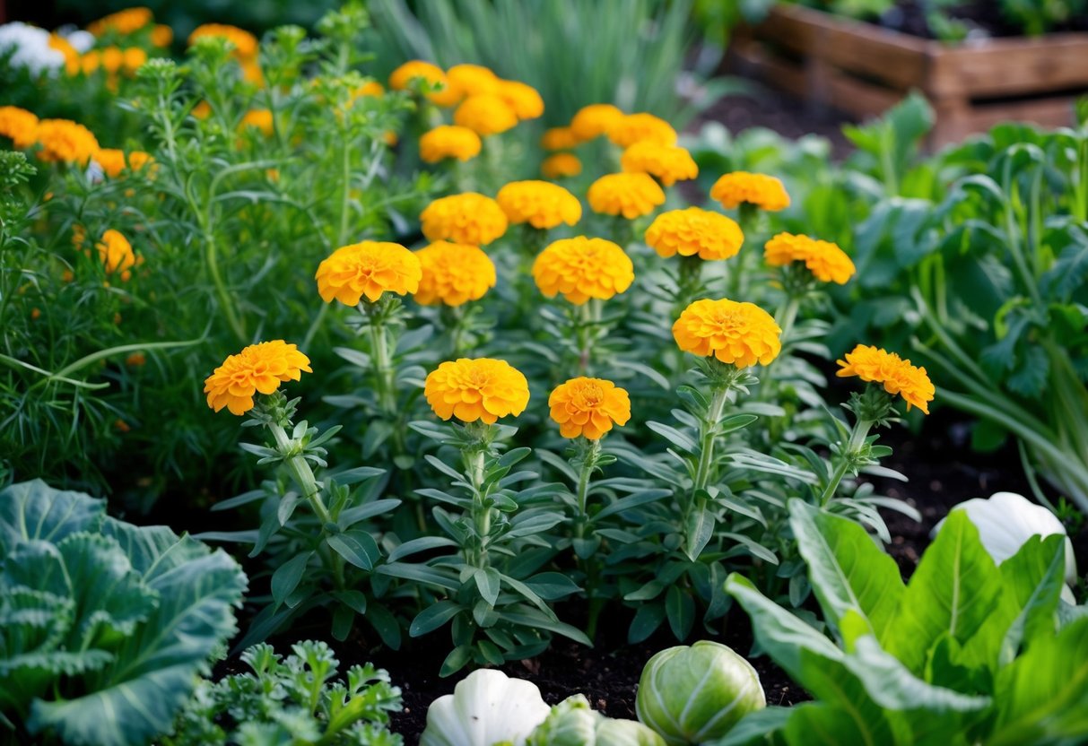 A lush garden bed with marigold plants in full bloom surrounded by various vegetable plants, showcasing the concept of companion planting