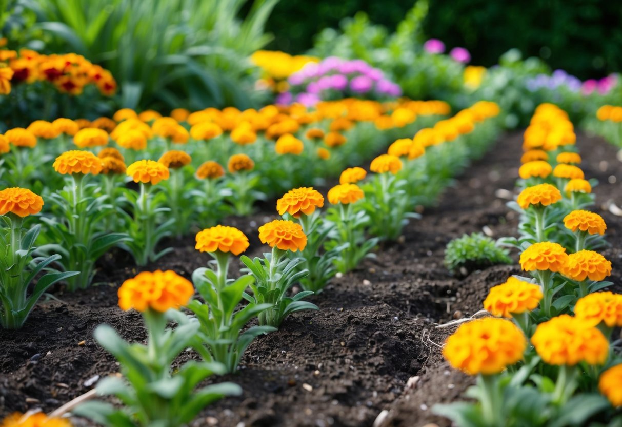 A garden with rows of marigold seedlings in various stages of growth, surrounded by lush greenery and colorful flowers