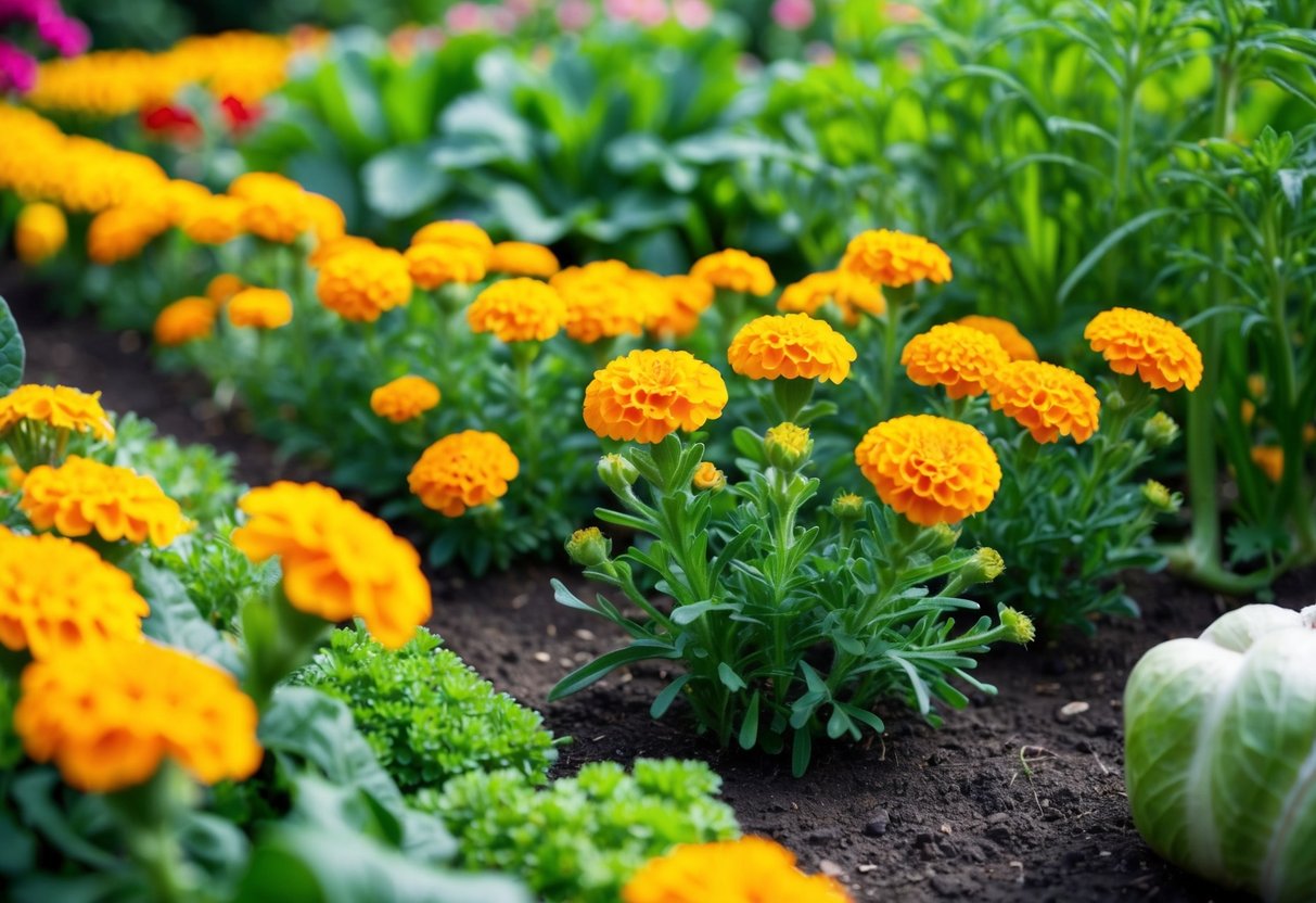 A lush garden with marigolds planted around various vegetables and flowers, showcasing the benefits of marigolds in pest control and soil health