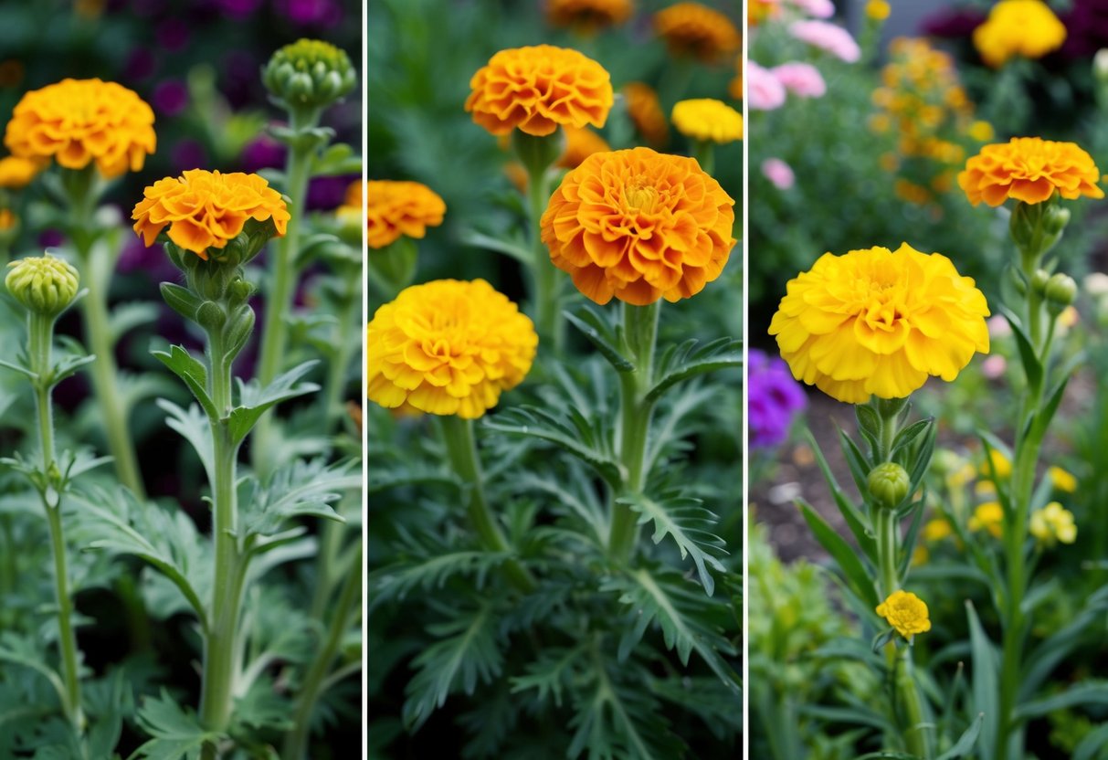 Several marigold plants in different stages of growth, surrounded by a lush garden with various other flowers and plants