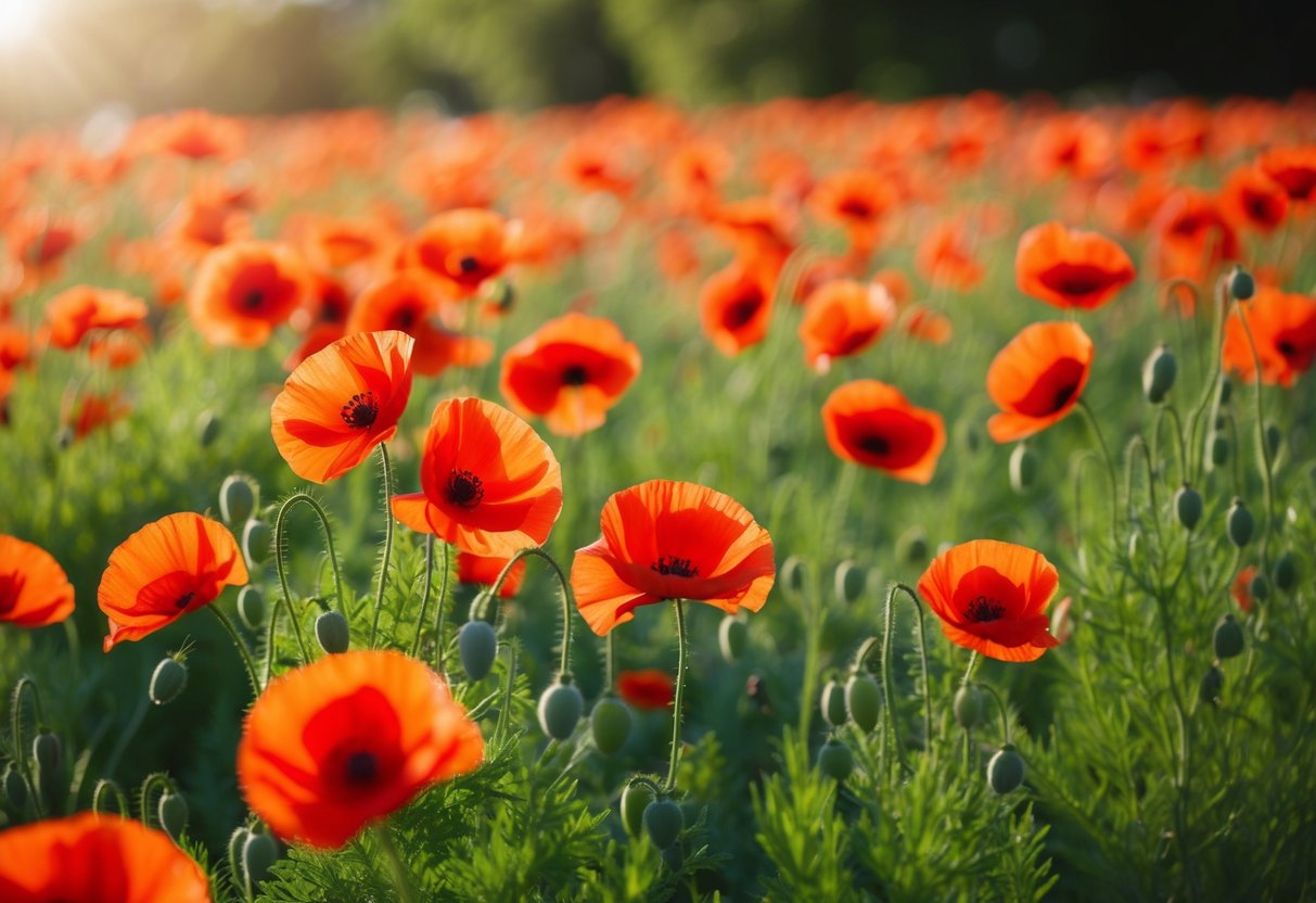 A field of vibrant red poppies swaying in the breeze, surrounded by lush green foliage and bathed in warm sunlight