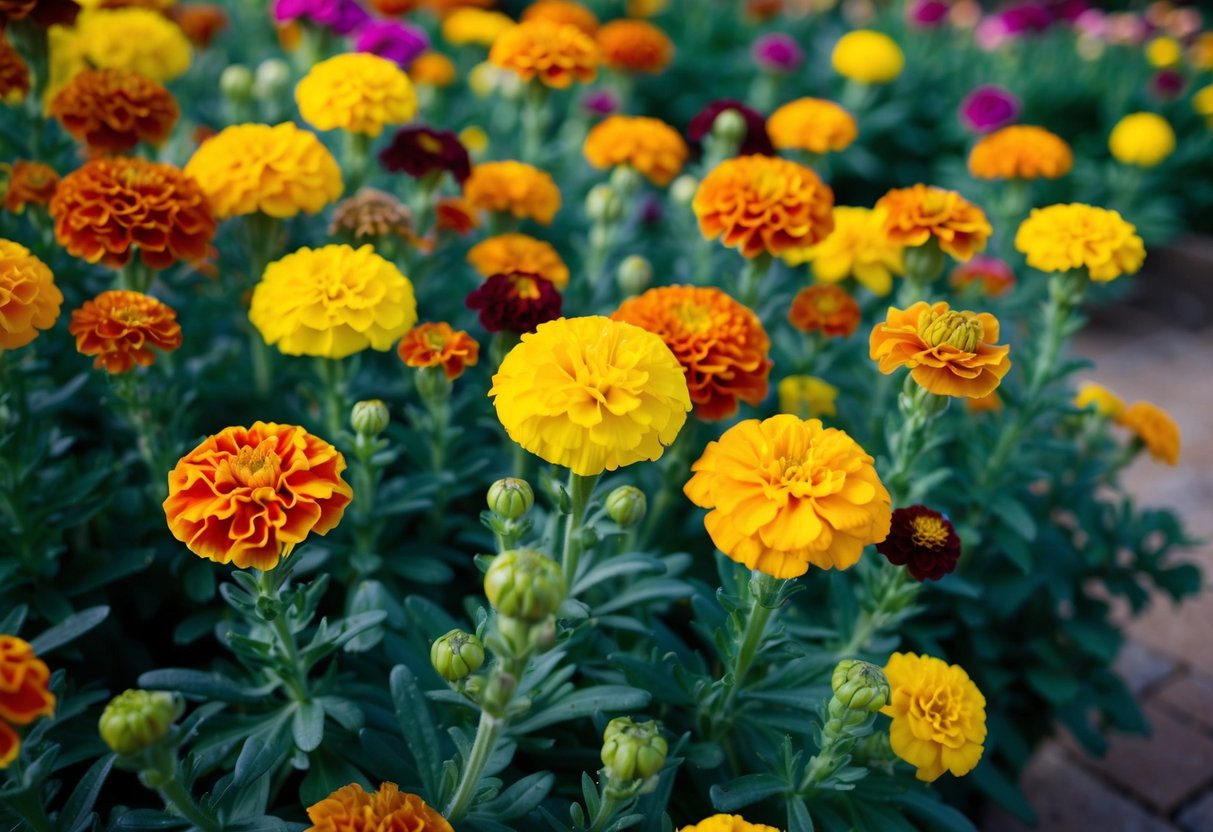 A garden filled with marigolds of varying colors and sizes, creating a vibrant and lively atmosphere