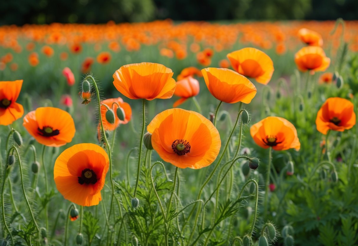 A field of vibrant poppies in various stages of growth, from seedlings to fully bloomed flowers, surrounded by lush green foliage