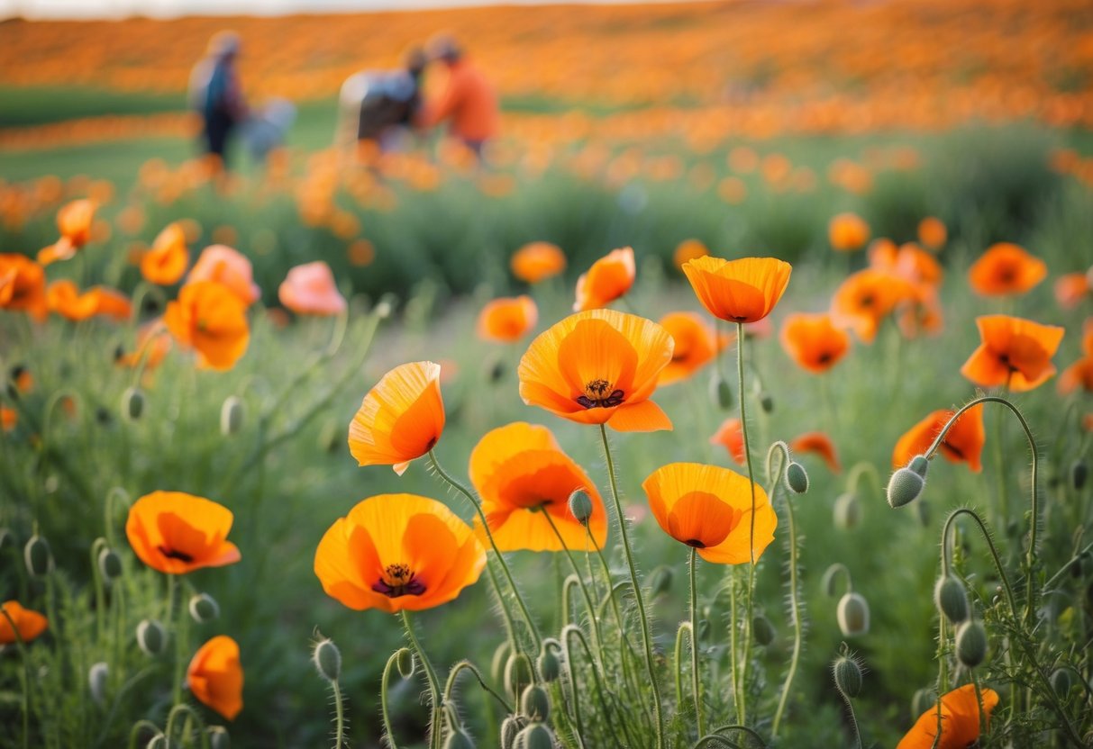 A field of colorful poppies swaying in the breeze, with some being harvested for their seeds and others blooming in the wild