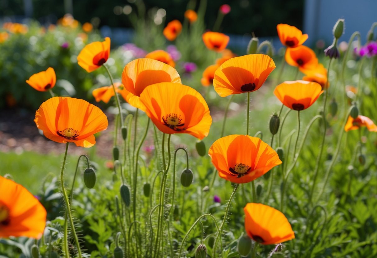 A garden scene with colorful poppies blooming in a sunny, well-tended flower bed. The poppies are thriving and healthy, showcasing their hardy nature