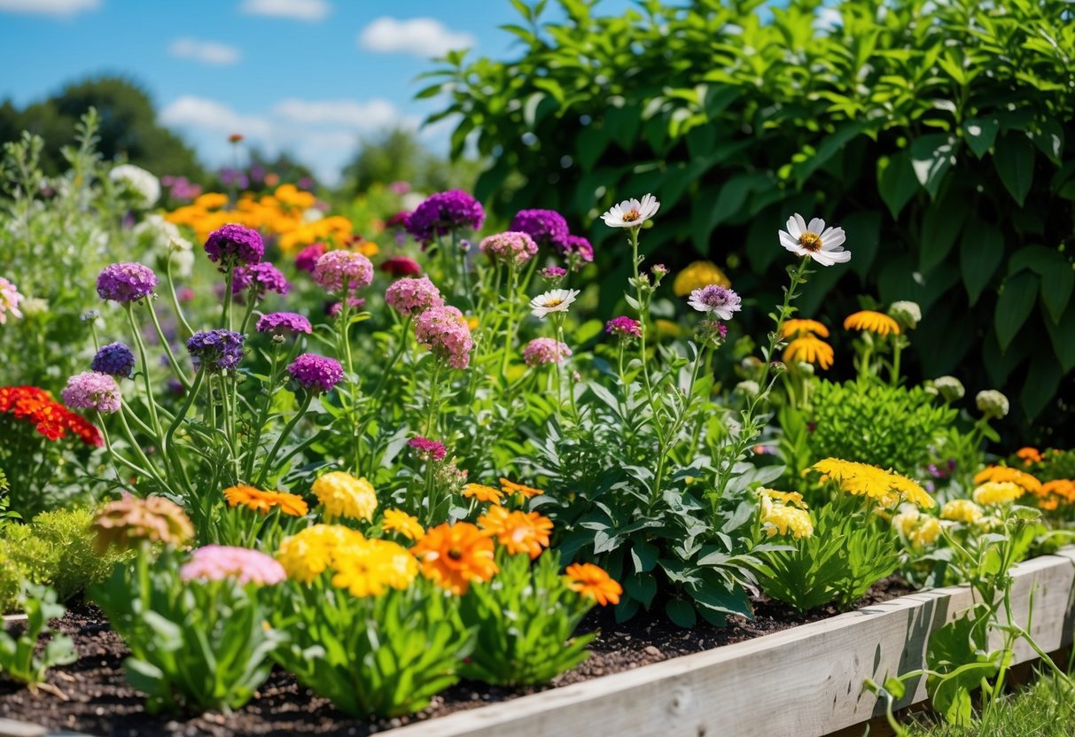 A garden bed filled with blooming hardy annual flowers in various colors and sizes, surrounded by lush green foliage and a clear blue sky overhead