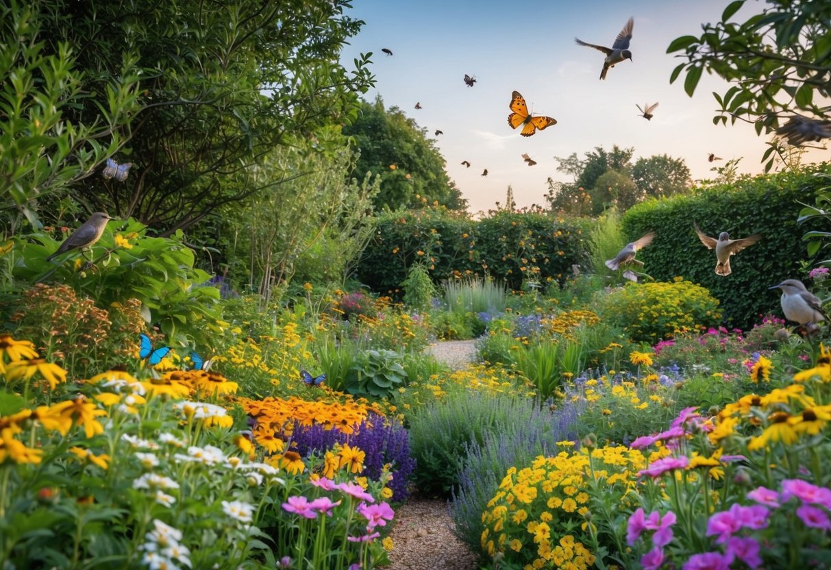 A garden filled with colorful flowers buzzing with bees and butterflies, surrounded by trees and bushes teeming with birds and other wildlife