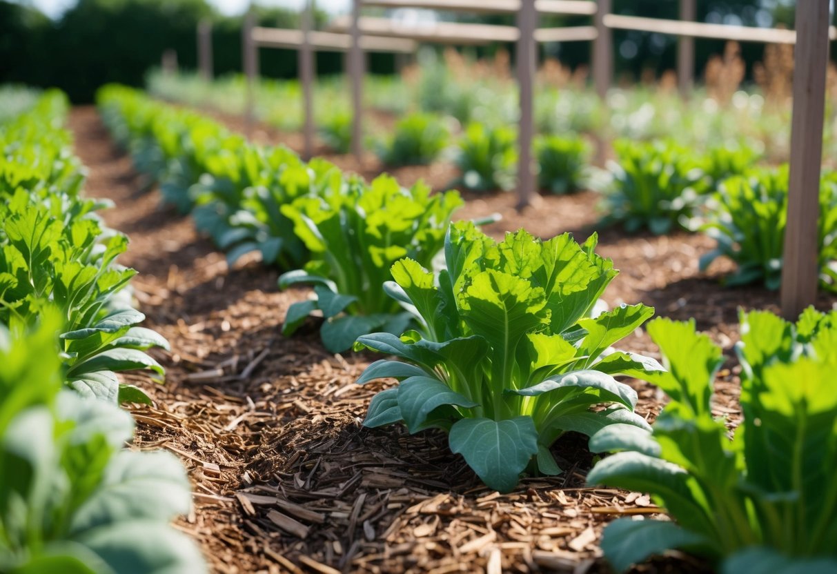 A row of hardy annual plants covered in a protective layer of mulch, surrounded by small microclimates created by strategically placed windbreaks and shade structures