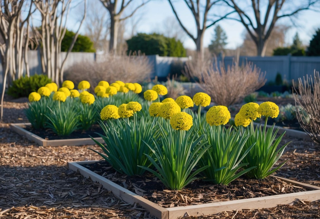 Hardy annuals covered with mulch in a garden bed, surrounded by dormant plants and bare trees under a clear winter sky