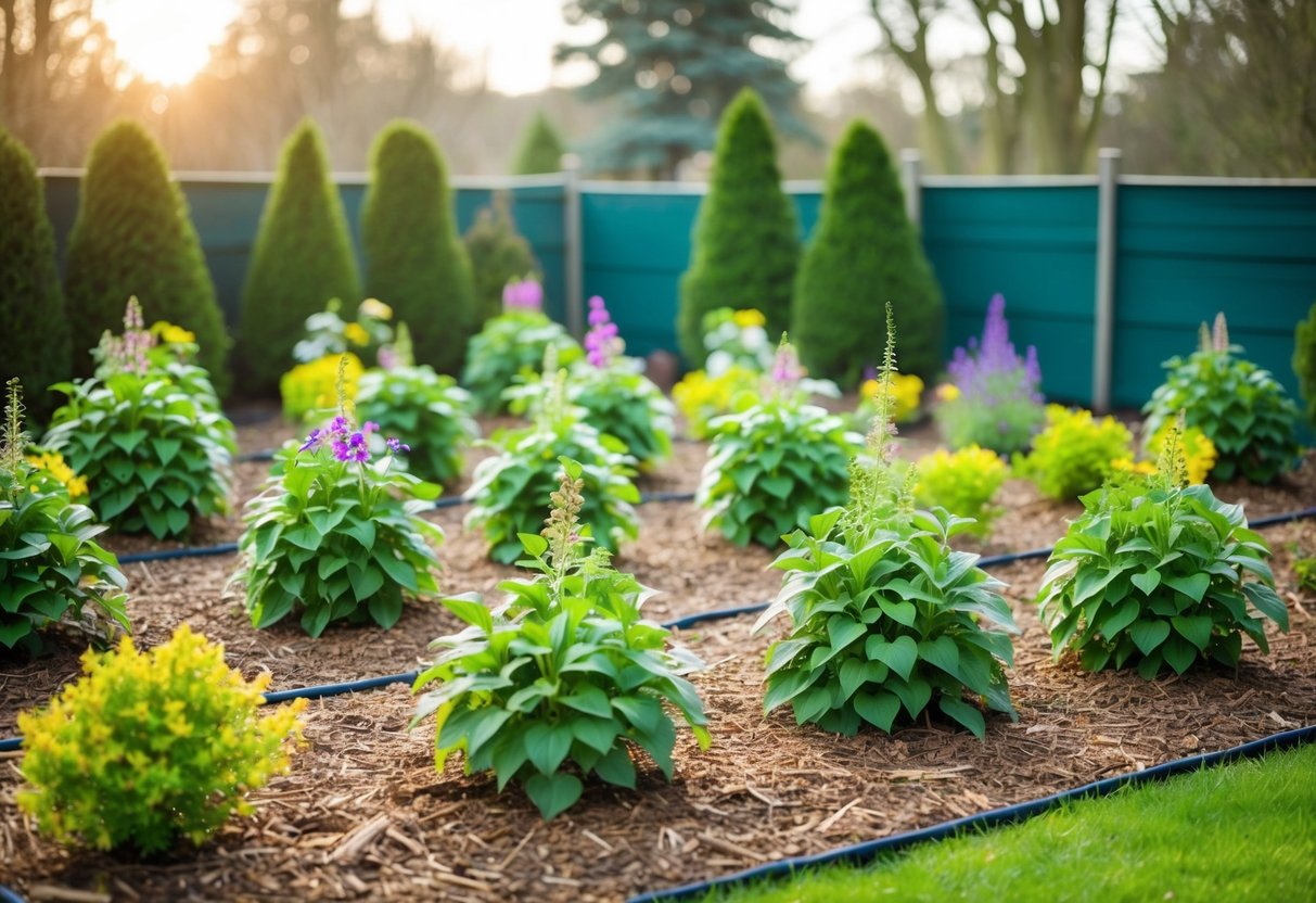 A garden with hardy annuals covered in protective mulch and surrounded by a windbreak to overwinter