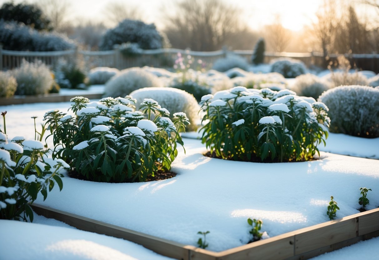 A garden bed with hardy annuals covered in a light layer of snow, with the sun beginning to melt the frost and signs of new growth emerging