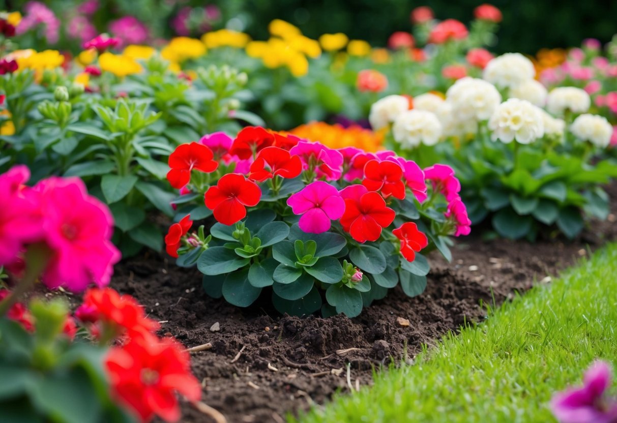 A lush garden bed with vibrant geraniums thriving in the rich soil, surrounded by other blooming plants