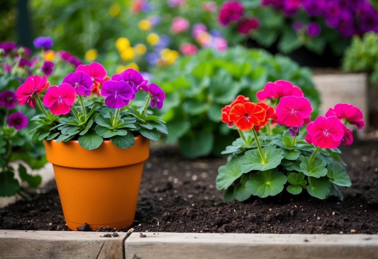 A colorful geranium plant blooms in a vibrant pot, while another thrives in the rich soil of a garden bed