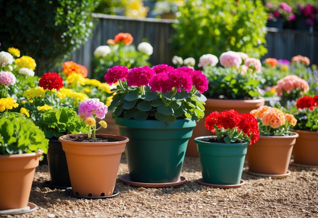 A sunny garden with a variety of potted and ground-planted geraniums, some in the process of being repotted