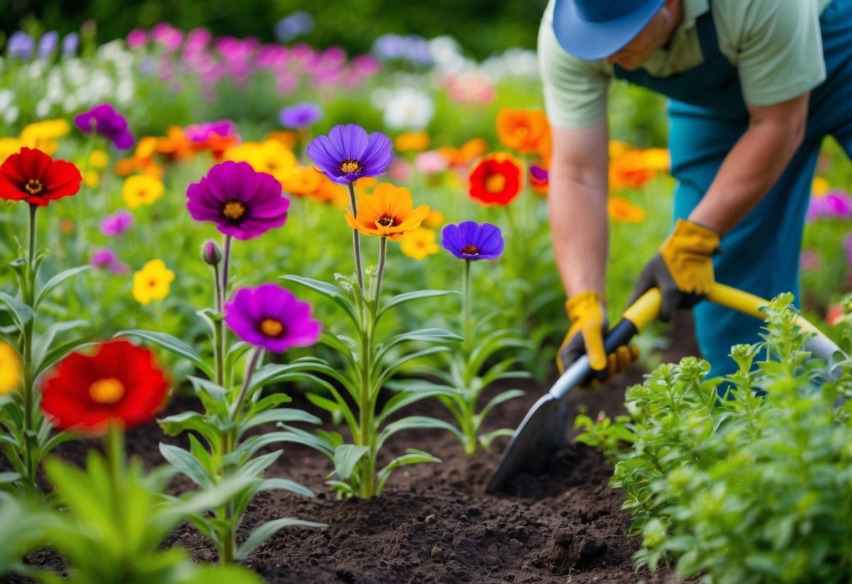 Colorful flowers blooming in a garden, with sturdy stems and vibrant petals. A gardener tending to the soil, planting and caring for the hardy annuals