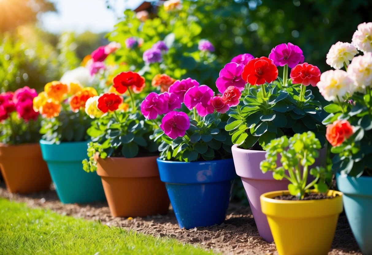 A sunny garden with a variety of geraniums in colorful pots and planted in the ground