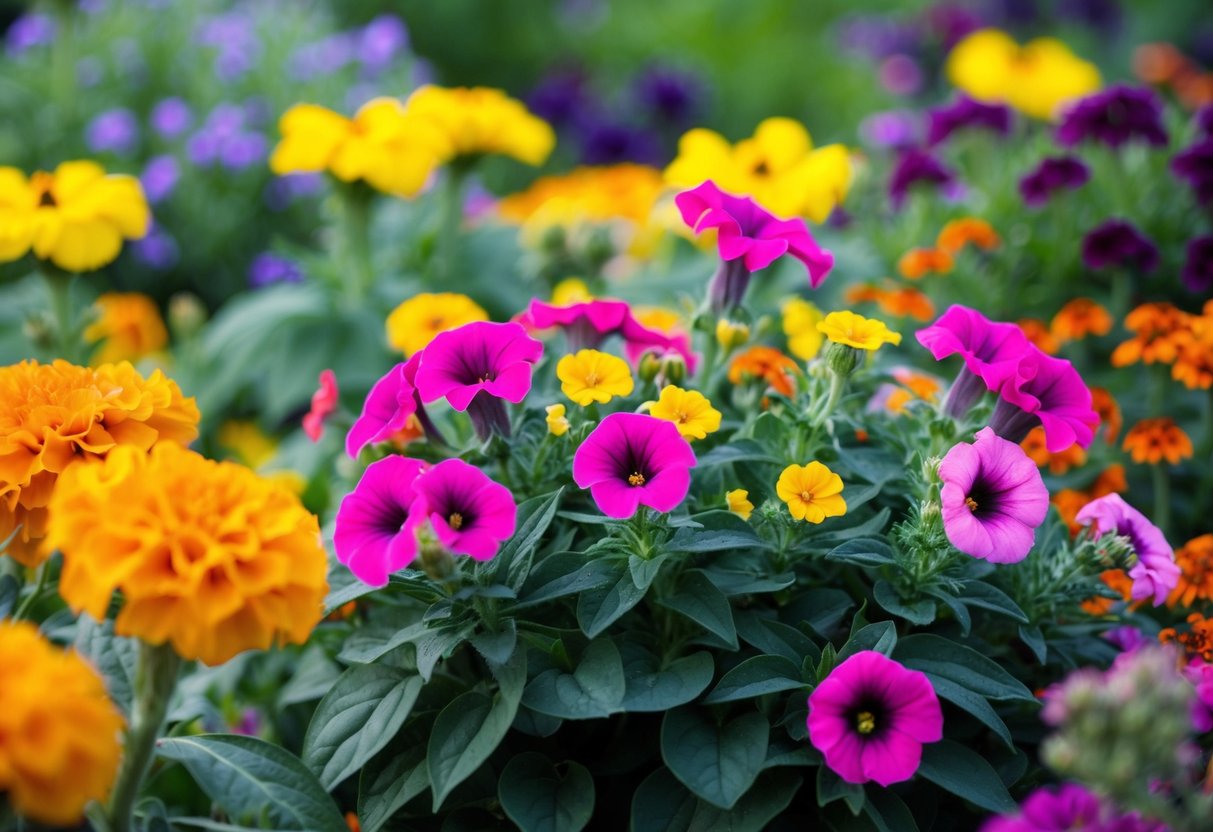 Vibrant hardy annual flowers bloom in a garden, including marigolds, petunias, and zinnias