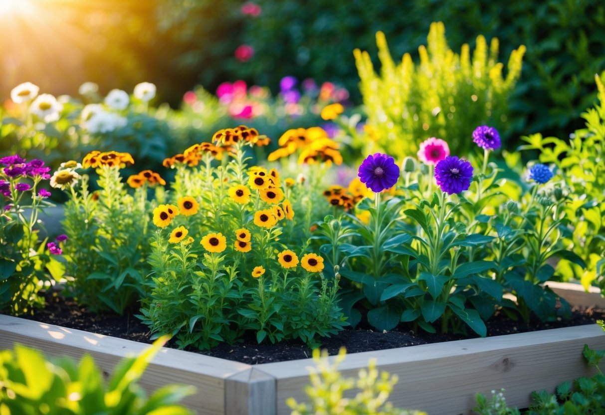 A garden bed filled with a variety of hardy annual flowers in full bloom, surrounded by lush green foliage and bathed in warm sunlight