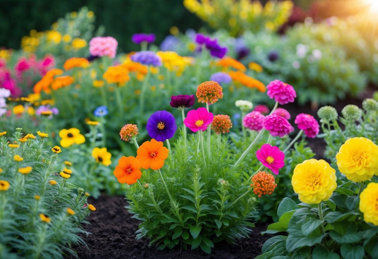 A garden with a variety of vibrant, blooming annual flowers thriving in different soil and light conditions