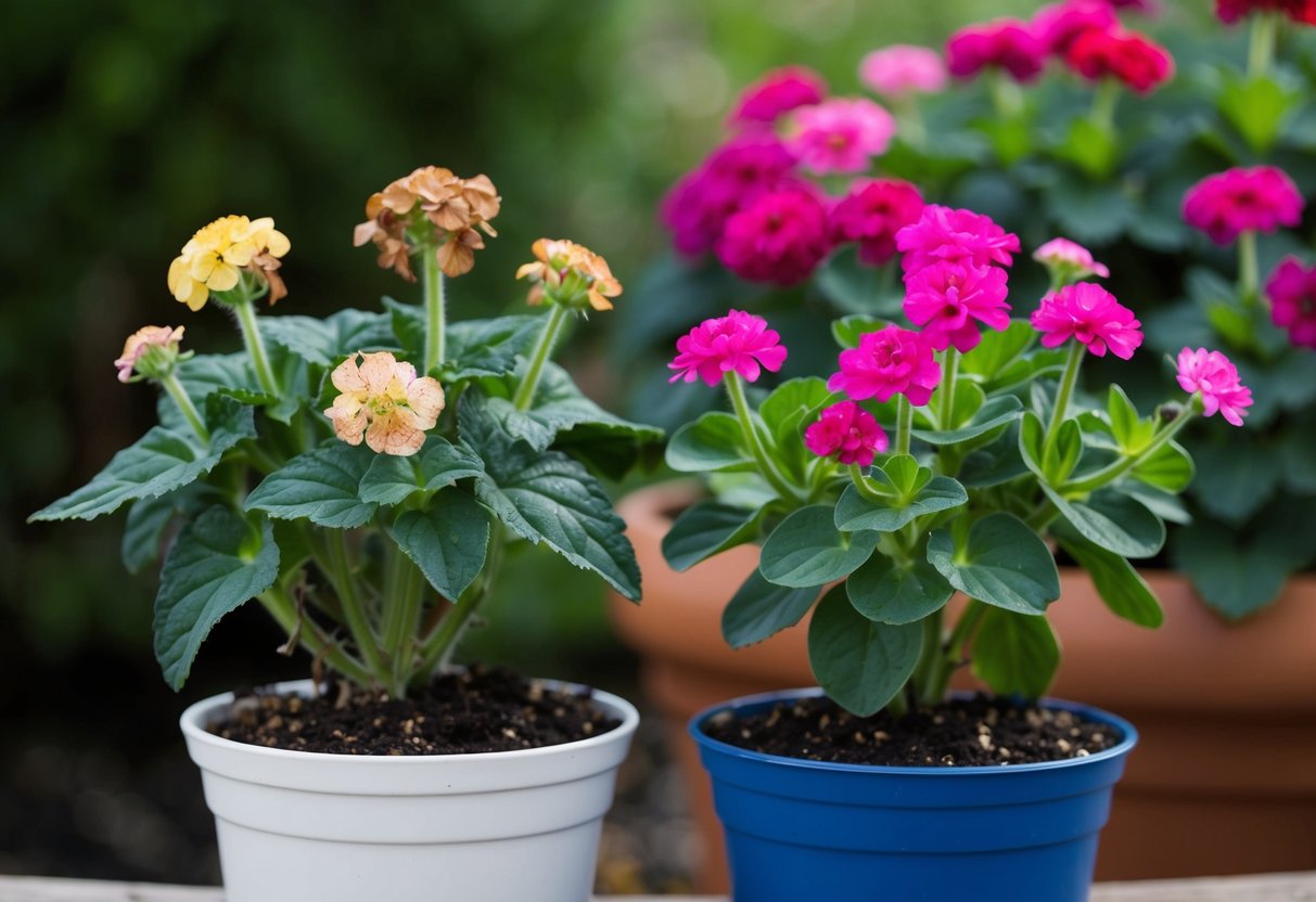 A pair of vibrant geranium plants, one with wilted flowers left untrimmed and the other with neatly deadheaded blooms