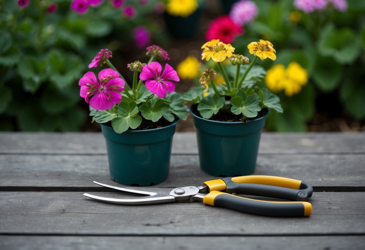 A pair of geranium plants with wilted flowers next to a pair of pruning shears