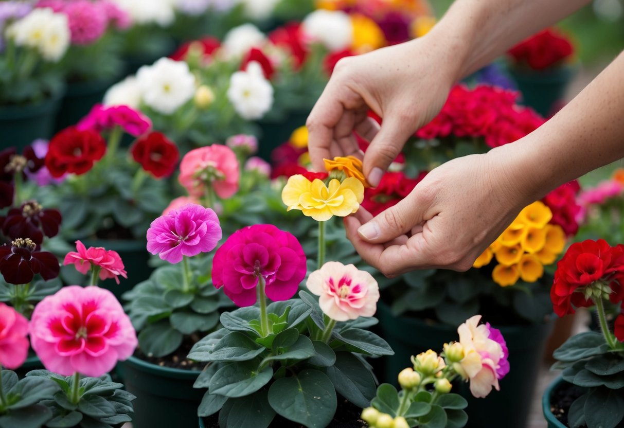 A variety of geraniums in bloom, some with faded flowers being removed by hand