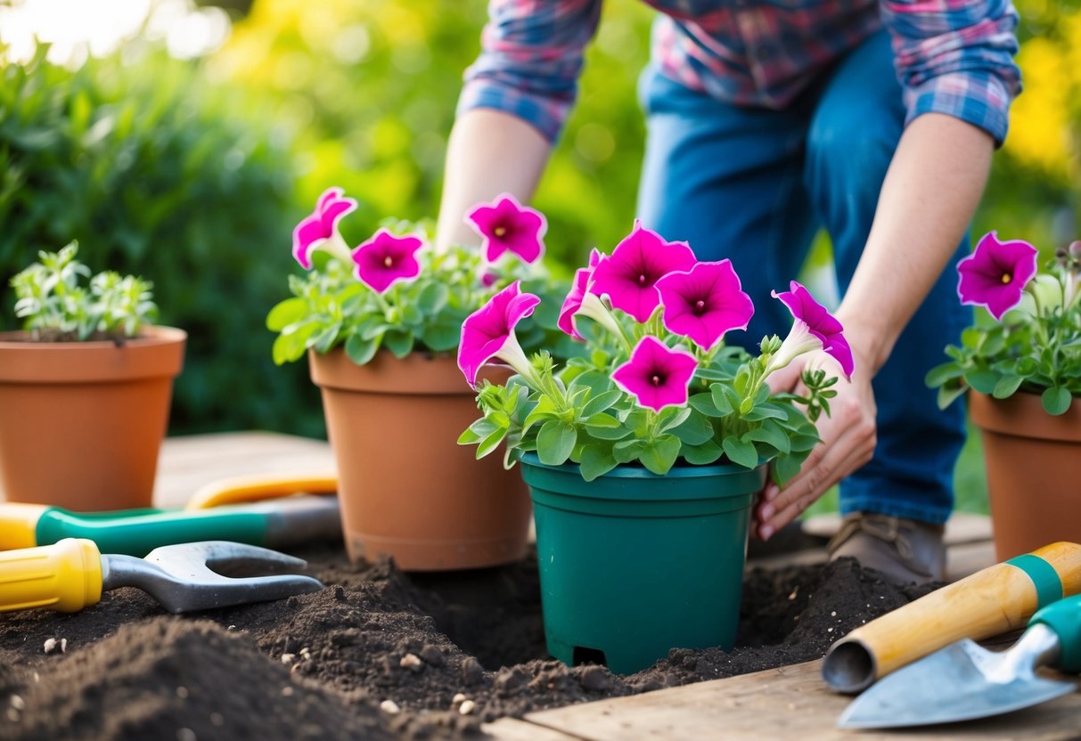 A person planting petunias in a pot and in the ground, surrounded by gardening tools and soil