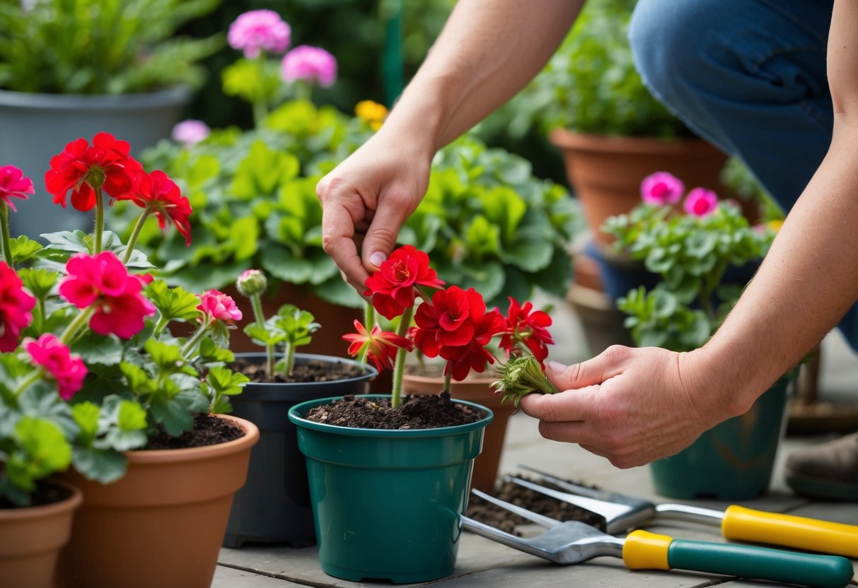 A pair of hands carefully removing spent geranium blooms in a well-tended garden, surrounded by potted plants and gardening tools