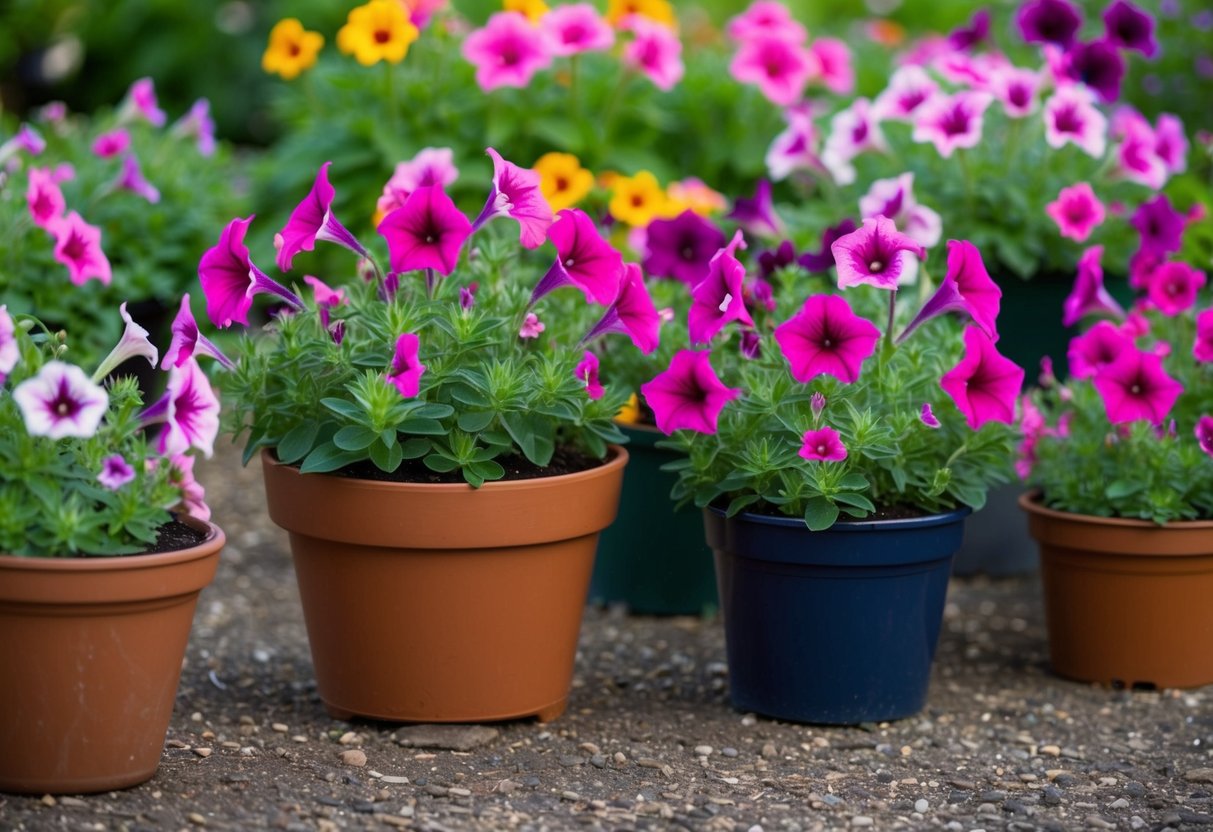 A vibrant array of petunias bloom in both pots and the ground, showcasing their resilience and beauty in various settings