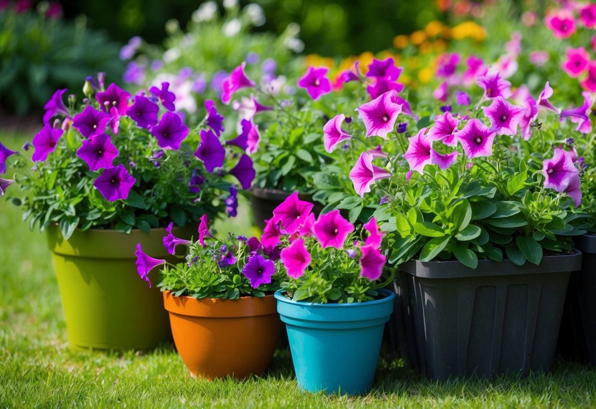 Petunias thrive in both containers and ground. Illustrate a variety of petunias flourishing in different sized pots and in a garden bed