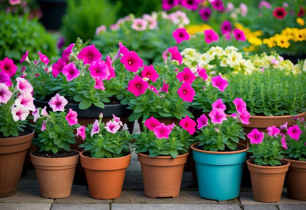 Lush petunias thrive in various-sized pots and in the ground, showcasing healthy growth with vibrant blooms