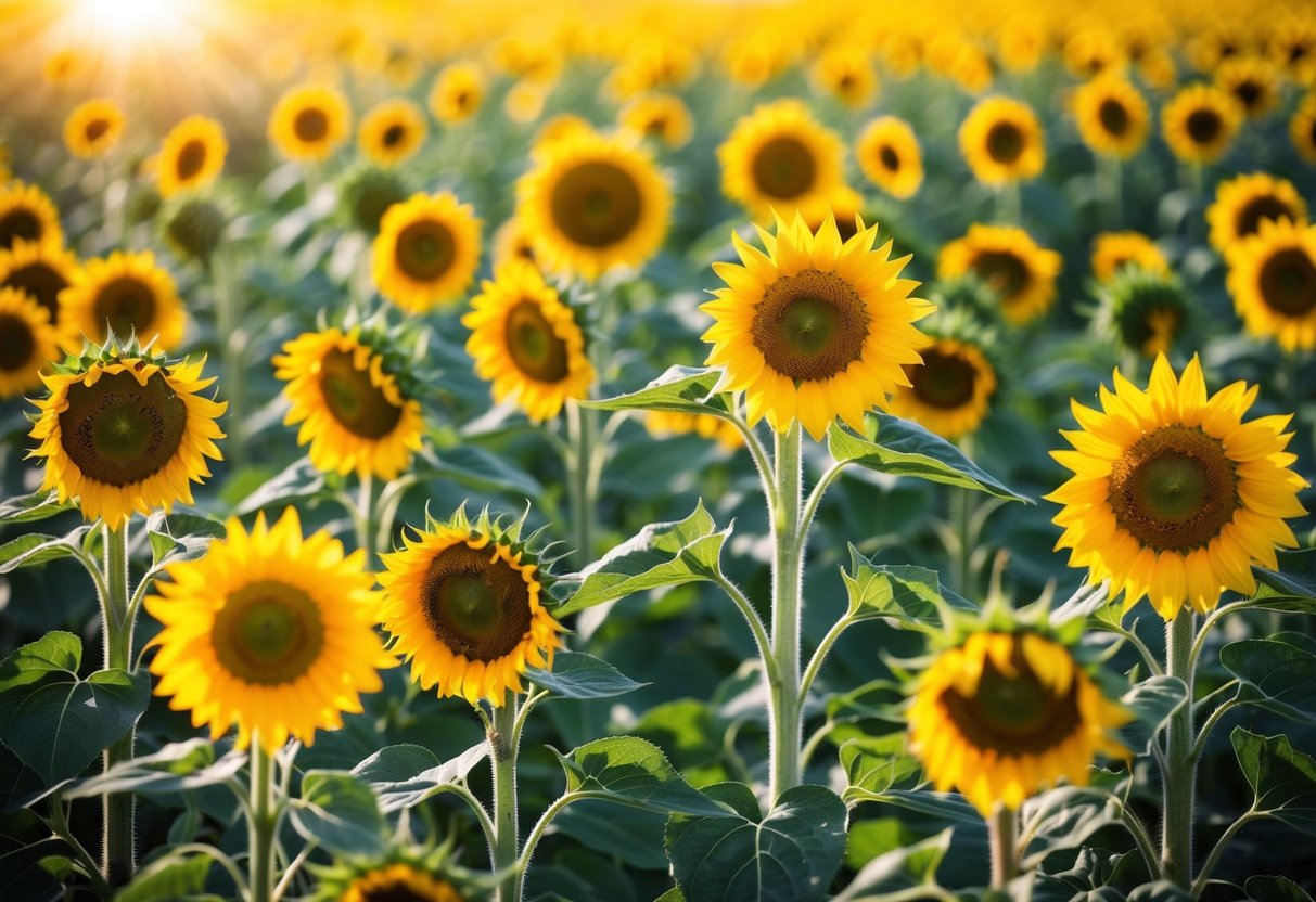 A variety of sunflower types in various stages of growth, some blooming and others still in bud, set against a backdrop of a sunny field