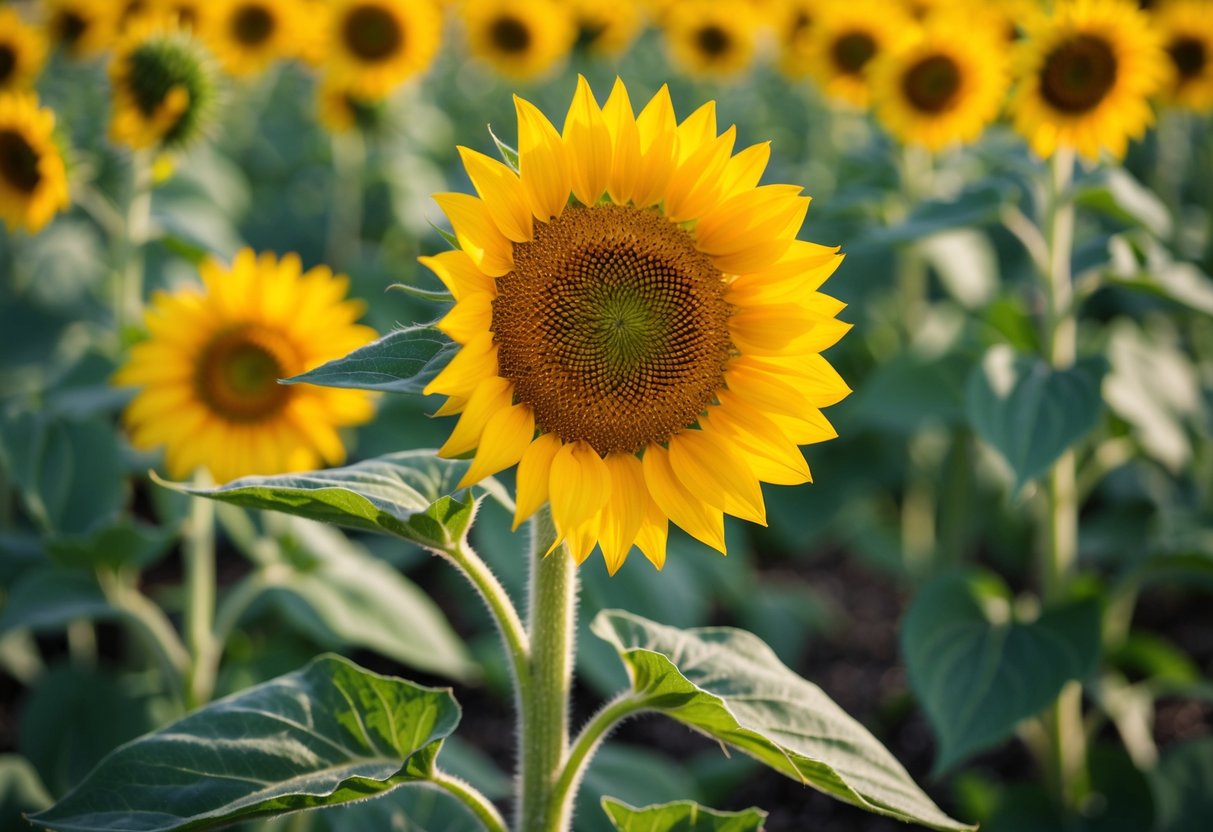 A sunflower seed sprouts, grows into a tall plant, and produces a large yellow flower. The flower eventually wilts and the seeds drop to the ground for the cycle to begin again